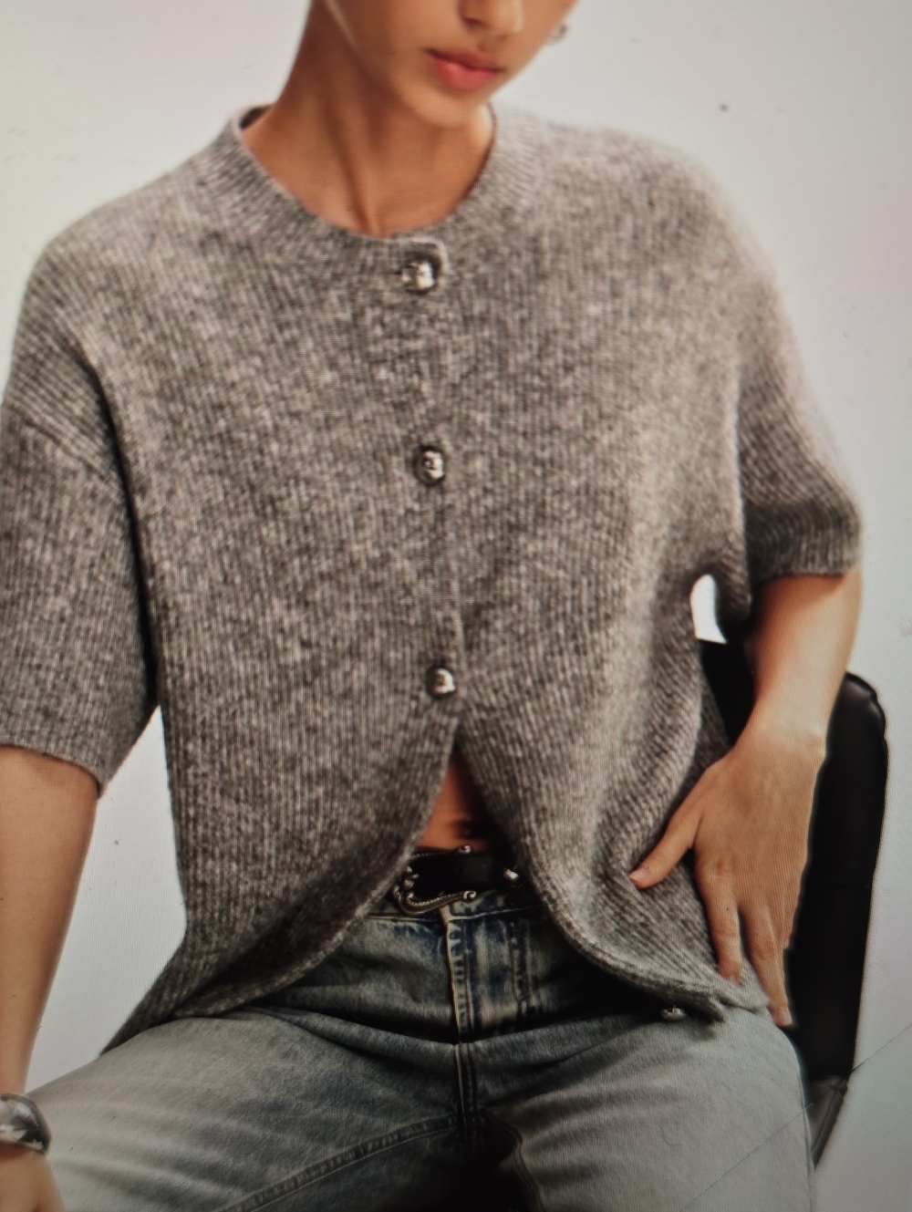 Commense Gray Cropped Short-Sleeve Button-Front Knit Cardigan XS